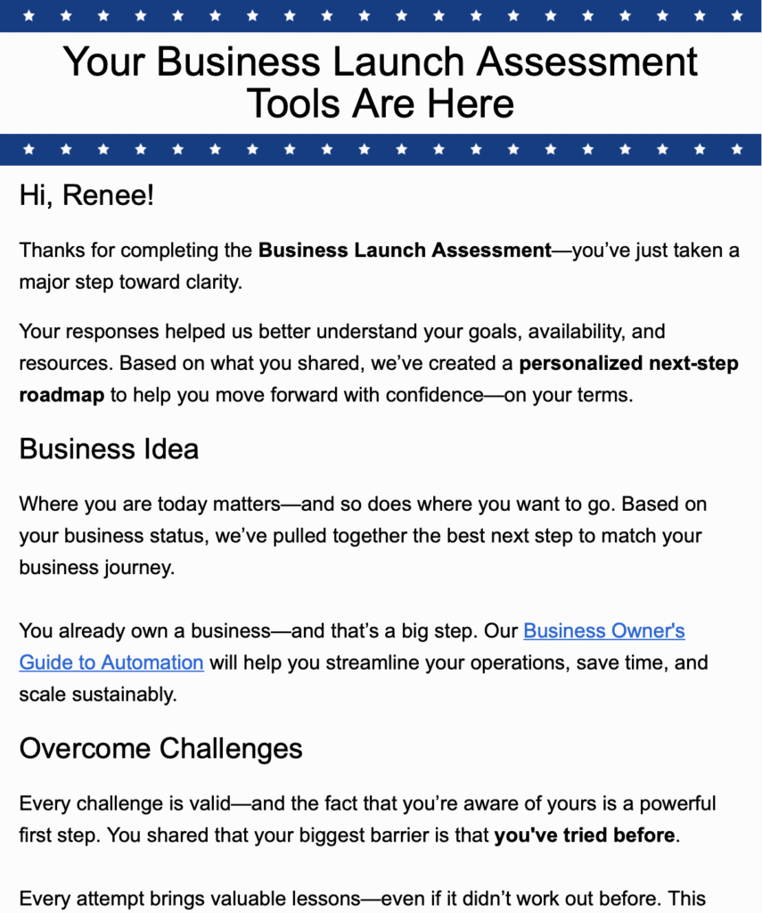 Screenshot showing a partial personalized results email from the Business Launch Assessment, including sections on business ideas and overcoming challenges, with tailored recommendations.